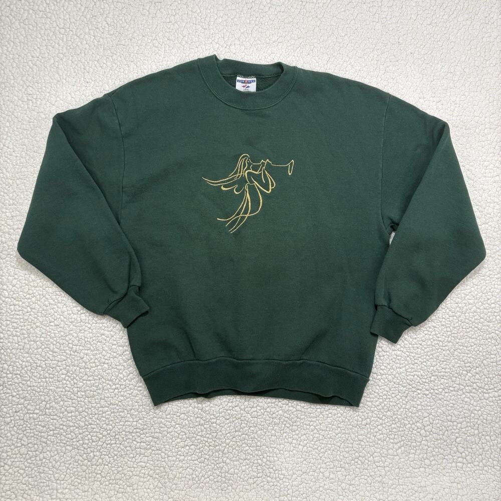 Vintage Christmas Angel Crewneck Sweatshirt Womens L Embroidered Green Gold